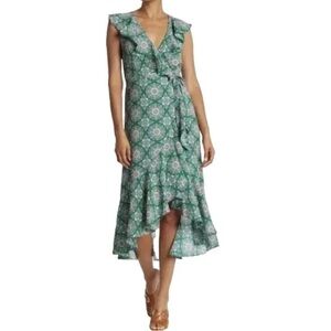 Max Studio green white short flutter sleeve midi wrap dress, M